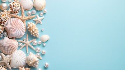 Aufkleber - A blue background with a variety of shells and pearls. The shells are arranged in a way that creates a sense of movement and depth. The pearls add a touch of elegance and luxury to the scene