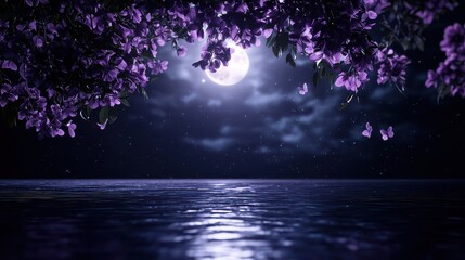 Poster - A beautiful night sky with a full moon and purple flowers. The moon is shining brightly on the water, creating a serene and peaceful atmosphere. The purple flowers add a touch of color