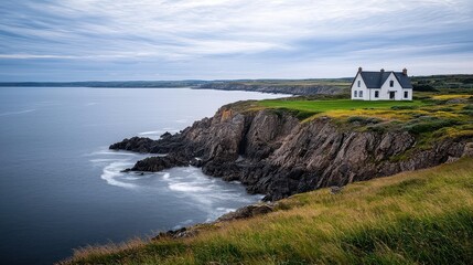Aufkleber - A house sits on a cliff overlooking the ocean. The house is white and has a small garden. The ocean is calm and the sky is cloudy. The scene is peaceful and serene
