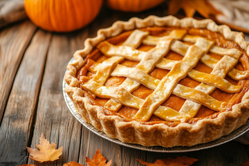 Homemade pumpkin pie with a lattice crust sits on a rustic wooden table offering a warm inviting scene for a traditional Thanksgiving preparation