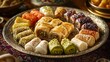 © fivan - A plate of assorted Turkish sweets including baklava, lokum, and pistachio rolls, placed on a richly patterned Ottoman-style tablecloth