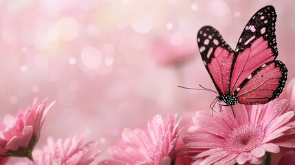 Poster - A pink butterfly is perched on a pink flower. The image has a soft, romantic feel to it, with the butterfly and flower being the main focus