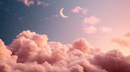 Poster - A pink sky with a crescent moon and clouds. The sky is filled with fluffy clouds and the moon is shining brightly. Concept of calm and serenity