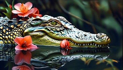 Surreal juxtaposition of vibrant flowers thriving in the perilous maw of a crocodile, showcasing the contrast between beauty and danger in photorealistic detail