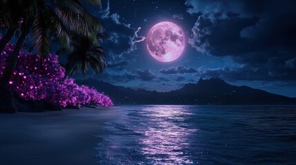 Poster - A beautiful beach scene with a large pink moon in the sky. The moon is surrounded by a purple glow, creating a serene and peaceful atmosphere. The beach is empty. The water is calm