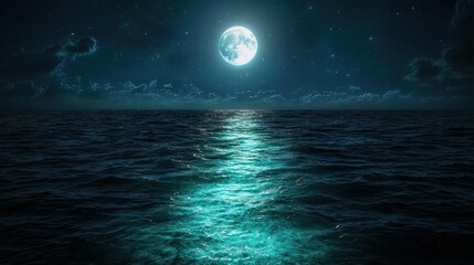 Poster - A large moon is reflected in the water of the ocean. The scene is calm and peaceful, with the moonlight creating a serene atmosphere