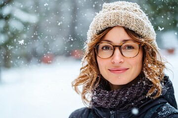 Happy woman enjoying snowfall in city street during winter