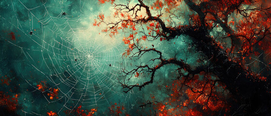 Scary dark misty woods at Halloween night, surreal spider web and tree in spooky haunted forest. Theme of horror, fantasy, background, autumn.