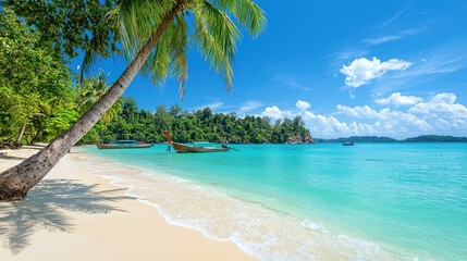 A beautiful beach with a palm tree and a boat in the water. The sky is clear and the water is blue