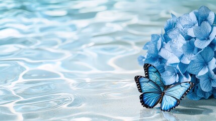 Leinwandbilder - A butterfly is floating on the surface of a body of water. The water is blue and the butterfly is blue
