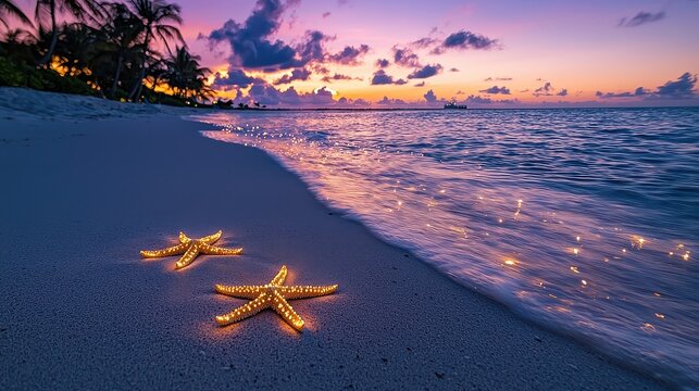 two glowing stars are placed on the beach, creating a beautiful and serene atmosphere. the beach is 