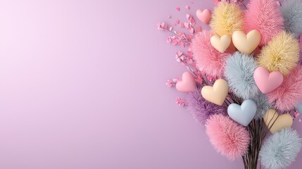 Poster - A bouquet of colorful flowers with hearts in the middle. The flowers are arranged in a way that they look like they are hugging each other. The pink and purple flowers are surrounded by yellow flowers
