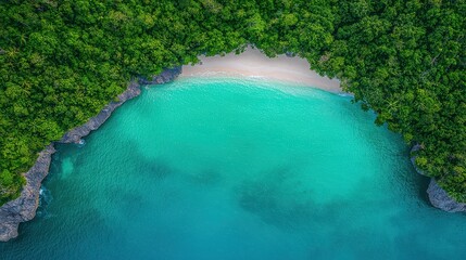Aufkleber - A beautiful blue ocean with a green forest in the background. The water is calm and clear, and the trees are lush and green. The scene is peaceful and serene, with the ocean