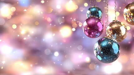Aufkleber - A colorful background with a bunch of Christmas ornaments hanging from a chain. The ornaments are of different sizes and colors, including blue, pink, and gold. The scene conveys a festive