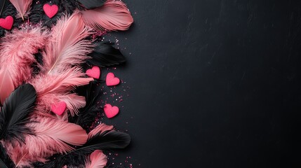 Poster - A black background with pink feathers and red hearts. The feathers are arranged in a way that they look like they are falling from the sky. The red hearts are scattered throughout the feathers