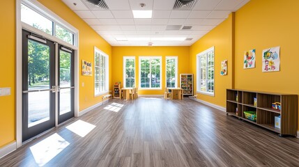 Poster - A bright yellow room with a lot of windows and a lot of open space. The room is empty and has a lot of natural light coming in