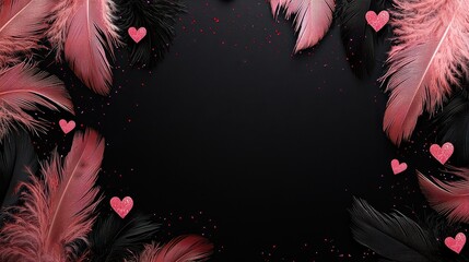 Poster - A black background with pink feathers and black feathers with red hearts. The feathers are arranged in a circle and the hearts are scattered throughout the feathers. Concept of love and warmth