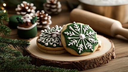 Poster - A wooden cutting board with two green snowflake cookies on it. The cookies are decorated with white icing and are placed on top of a wooden cutting board. The image conveys a festive