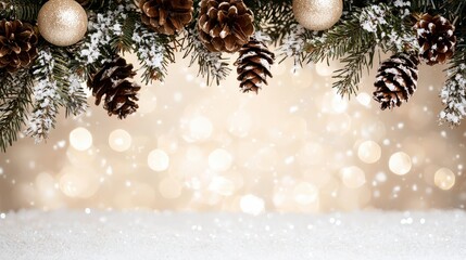 Aufkleber - A Christmas tree with pine cones and gold ornaments. The tree is decorated with snow and the pine cones are scattered throughout the branches. Scene is festive and joyful
