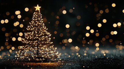 Aufkleber - A Christmas tree with a star on top is lit up with lights. The tree is surrounded by a blurry background, giving the image a dreamy, ethereal quality