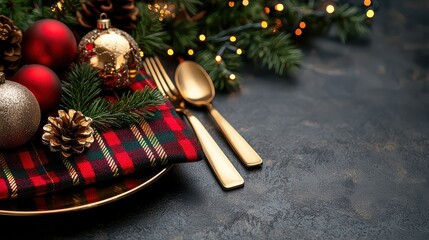 Aufkleber - A Christmas table setting with a red and gold plaid cloth, a plate with a fork and spoon, and a bunch of Christmas ornaments