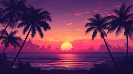 Canvas Print - Artistic depiction of a serene beach sunset with silhouettes of palm trees