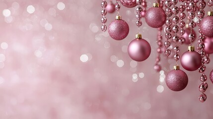 Aufkleber - Pink and gold Christmas ornaments hanging from a pink background. The background is blurry and the ornaments are shiny
