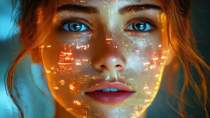 A futuristic portrait of a woman with glowing digital patterns reflected across her face