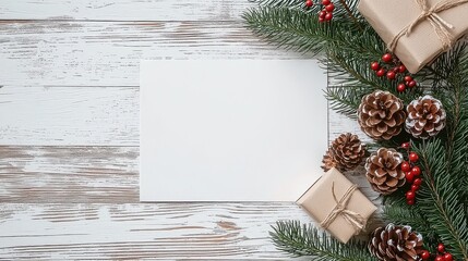 Poster - A white piece of paper sits on a wooden table with a Christmas tree and pine cones surrounding it