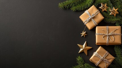 Poster - A black background with three gold boxes and a star on top. The boxes are wrapped in gold ribbons and the star is also wrapped in gold ribbon. Concept of luxury and celebration, as the gold boxes