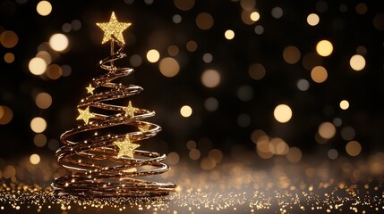 Poster - A gold star tree with a star on top. The tree is surrounded by a blurry background. Concept of warmth and festivity, as it is a Christmas tree