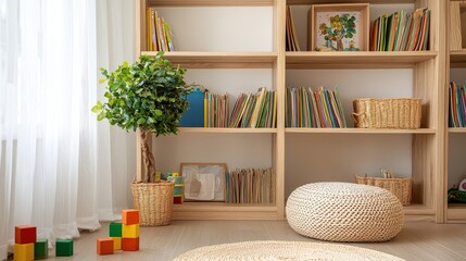 Poster - A room with a white wall and a brown wooden bookshelf. The bookshelf is full of books and a potted plant