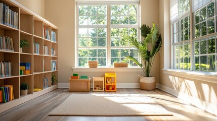 Aufkleber - A room with a lot of books and a plant. The room is very bright and open. The books are arranged on shelves and the plant is in a basket