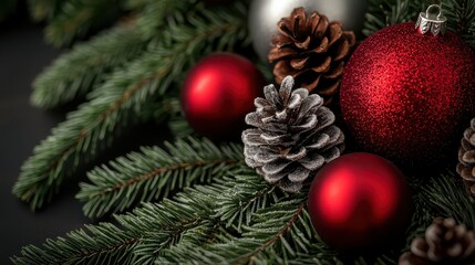 Aufkleber - A Christmas tree with red and silver ornaments and pine cones. The pine cones are in the middle of the tree and the red ornaments are on top of them