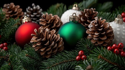 Aufkleber - A Christmas tree with a green and red ornament and a white ornament. The tree is surrounded by green leaves and branches