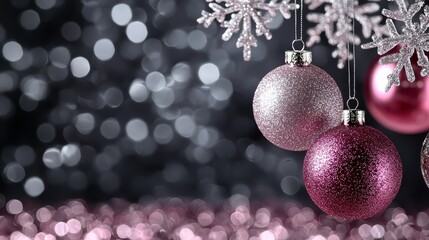 Wall Mural - A Christmas scene with a black background and pink and silver ornaments. The pink ornaments are hanging from a tree branch