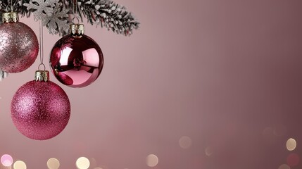 Aufkleber - A pink background with three red Christmas ornaments hanging from a tree branch. The background is a soft pink color, giving the scene a warm and festive atmosphere. The ornaments are large and shiny