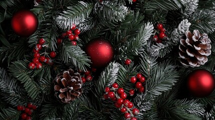 Aufkleber - A Christmas tree with red and white berries and red balls. The image conveys a festive and joyful mood