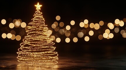Aufkleber - A Christmas tree with a star on top is lit up in a dark background. The tree is lit up with lights and the star is glowing. Scene is festive and joyful