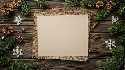 Poster - A blank piece of paper is on a wooden table with pine cones and cinnamon sticks. The paper is white and the table is brown. The pine cones and cinnamon sticks give the image a cozy and warm feeling