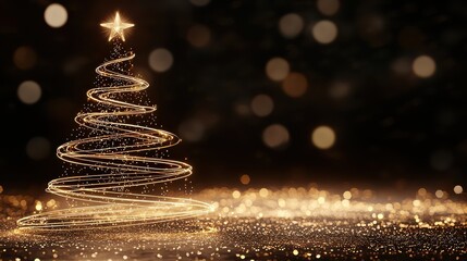 Wall Mural - A Christmas tree with a star on top is lit up in a dark background. The tree is surrounded by a lot of sparkles, giving it a festive and magical appearance