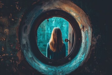 Canvas Print - Woman peeking through a rusty lock, seeking a way out with intense focus.