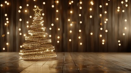 Poster - A Christmas tree with lights is lit up against a wooden background. The tree is lit up with a star on top and the lights are twinkling. Scene is festive and joyful