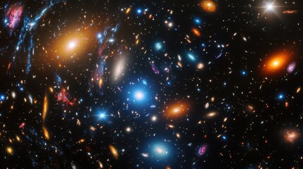 Poster - Cosmic landscape with a distant galaxy and colorful star clusters