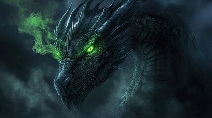 Sticker - Dark dragon with glowing green eyes and smoke rising from its scales