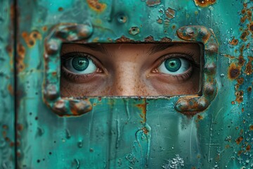 Wall Mural - Woman peeking through a rusty lock, seeking a way out with intense focus.