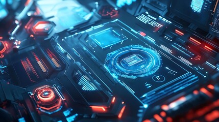 Wall Mural - Futuristic Computer Motherboard with Glowing Red and Blue Lights