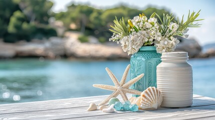 Aufkleber - A blue vase with a white flower in it sits on a wooden table next to a starfish and a shell. The scene is set by the ocean, creating a serene and calming atmosphere