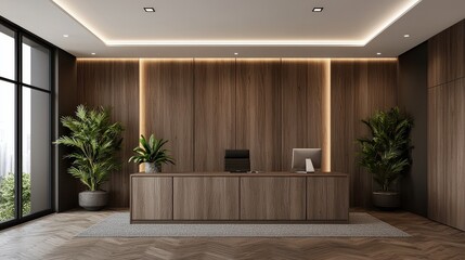 Poster - A modern office with a large wooden desk and a potted plant. The room is well lit and has a clean, professional look