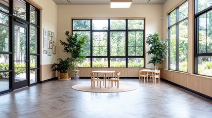 Poster - A room with a table and chairs, and a rug in the middle. The chairs are empty